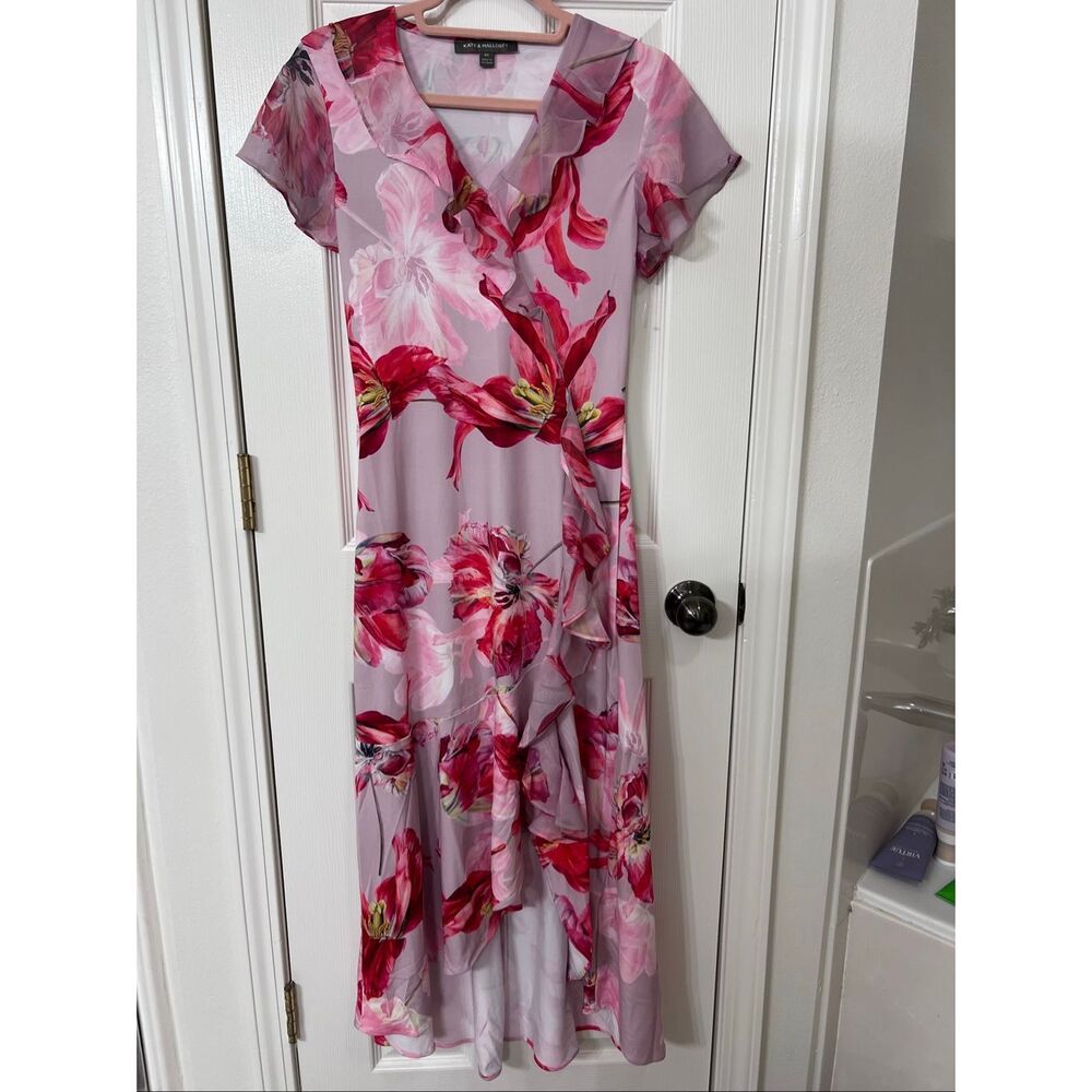 Kate & Mallory Women's Knit Chiffon Ruffle Floral Hi-Low Dress Lilac Red Size XS